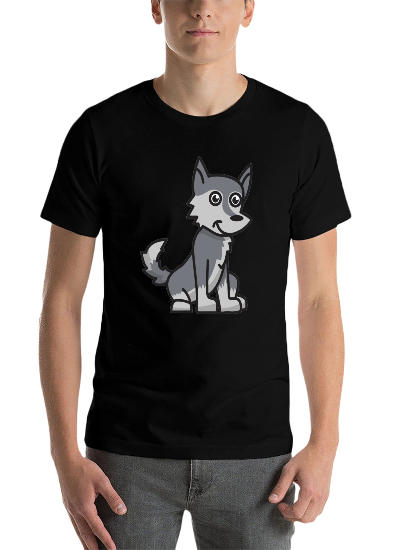 Cartoon Wolf Graphic Tee - Black Cotton Blend T-Shirt