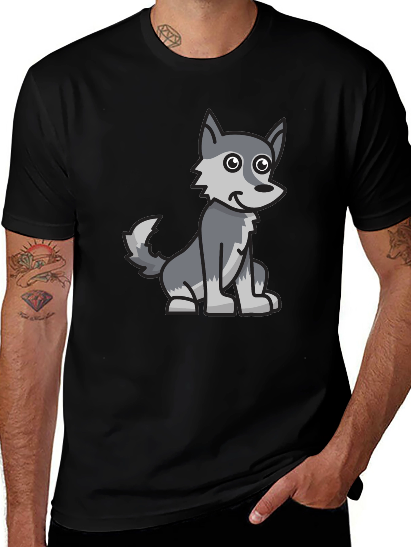 Cartoon Wolf Graphic Tee - Black Cotton Blend T-Shirt