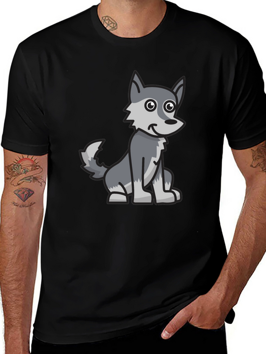Cartoon Wolf Graphic Tee - Black Cotton Blend T-Shirt