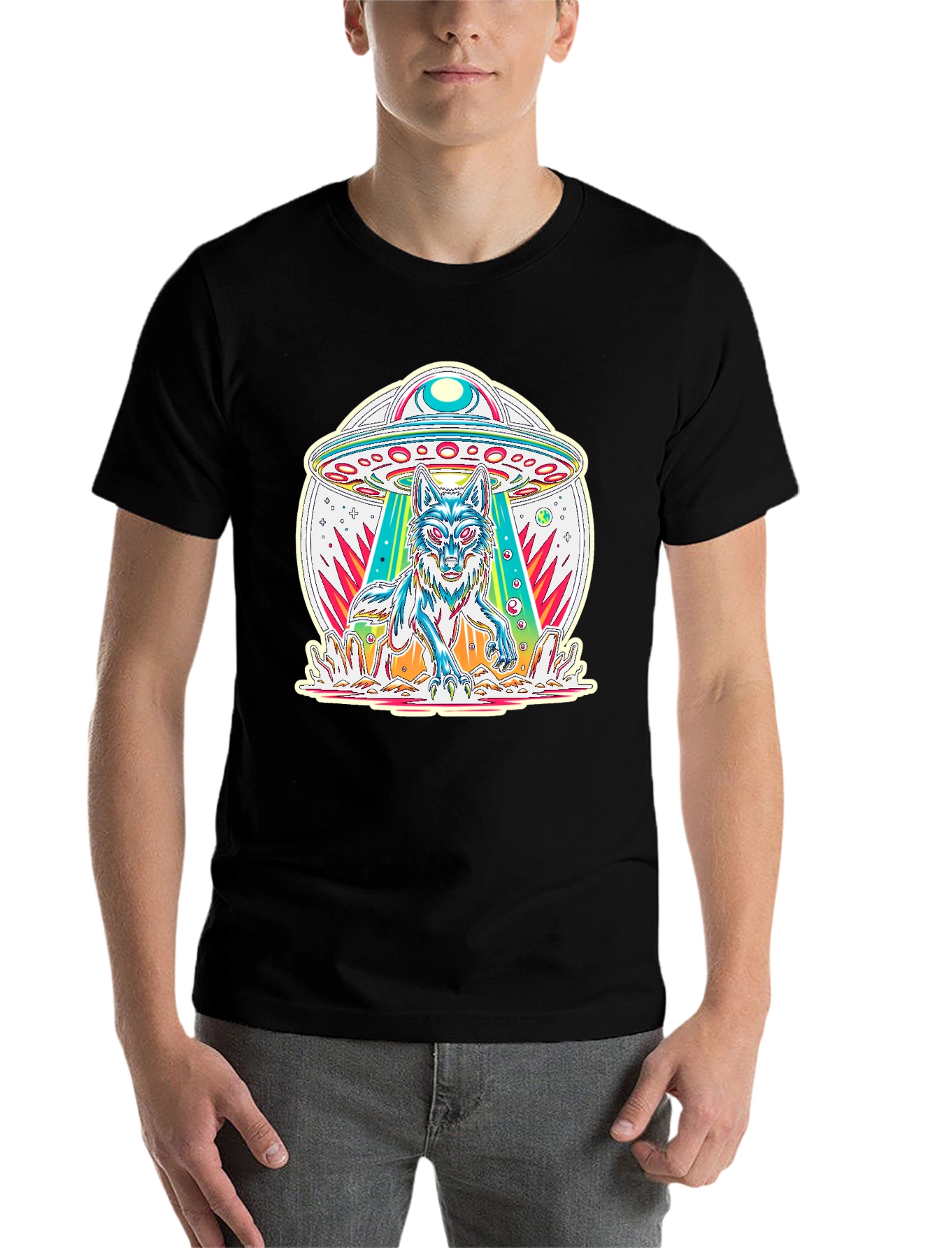UFO Wolf Graphic Tee - Trendy Alien Abduction T-Shirt