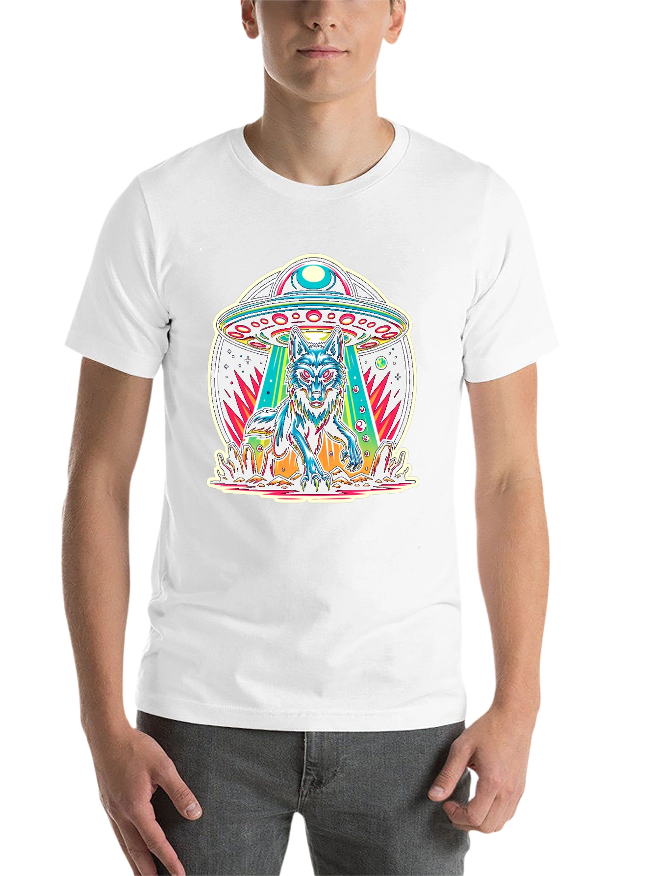 UFO Wolf Graphic Tee - Trendy Alien Abduction T-Shirt