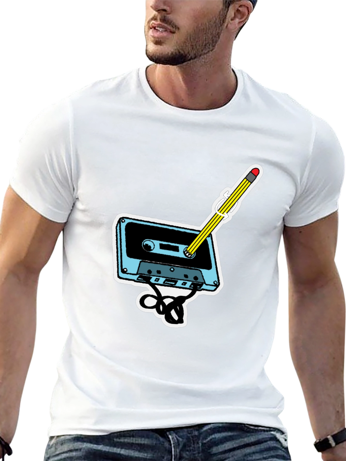 Retro Cassette & Pencil Graphic T-Shirt