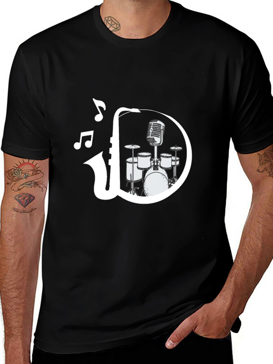 Musician Graphic Tee - Saxophone Drum Set Music Notes T-Shirt