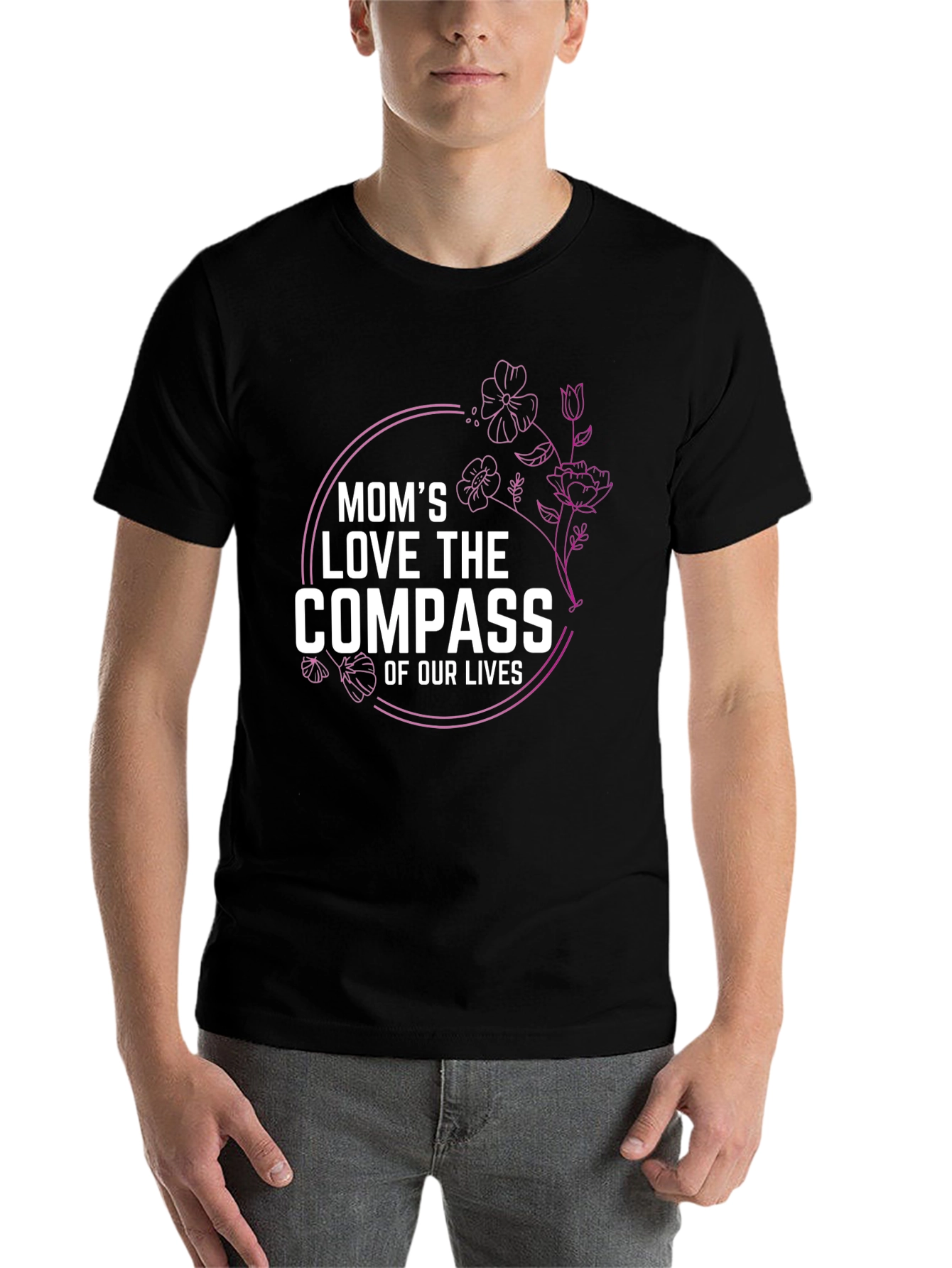 Moms Love Compass T-Shirt Floral Design Black Tee