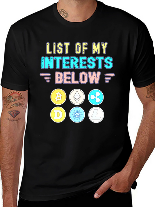 Crypto Interests T-Shirt Bitcoin Ethereum Cardano Litecoin