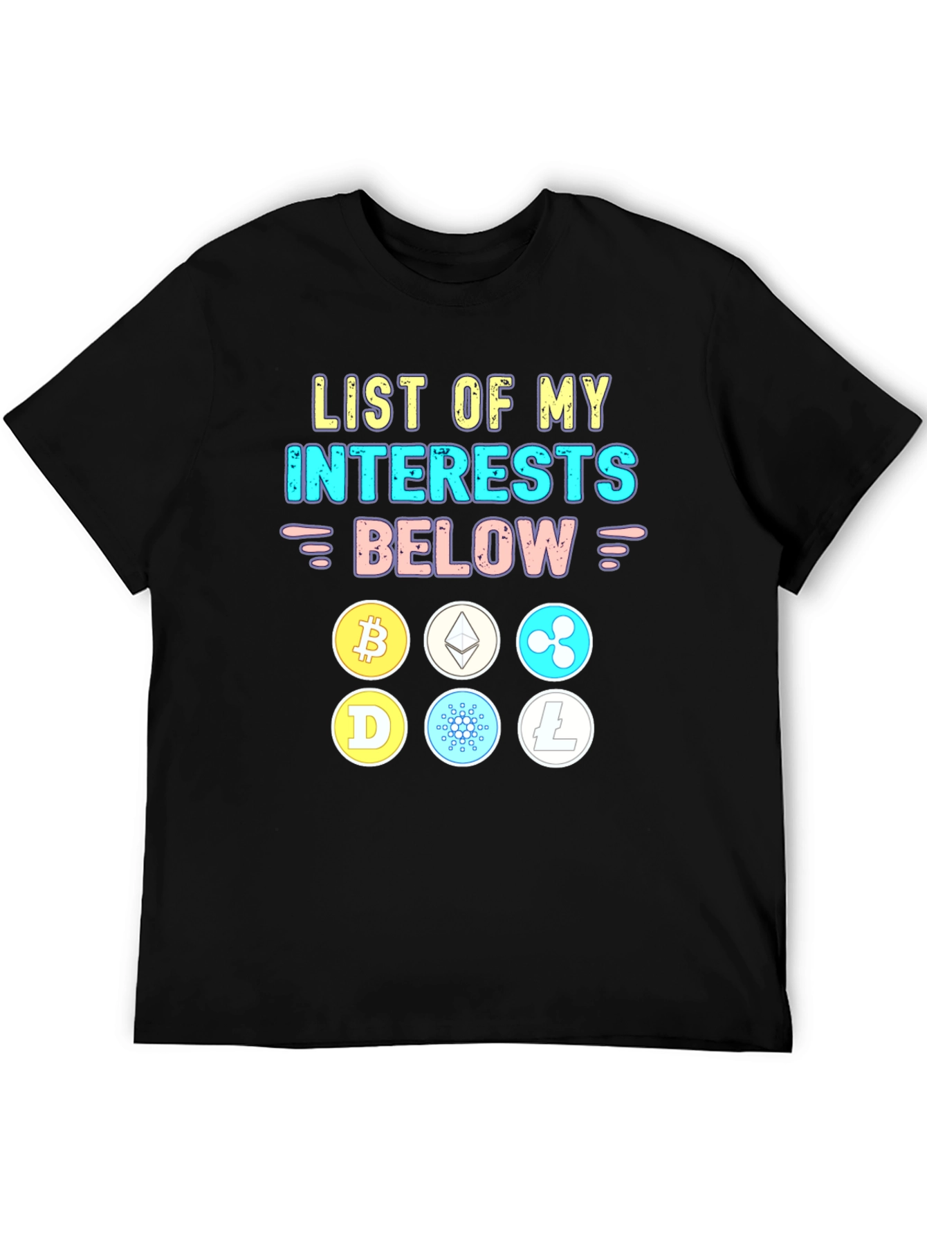 Crypto Interests T-Shirt Bitcoin Ethereum Cardano Litecoin