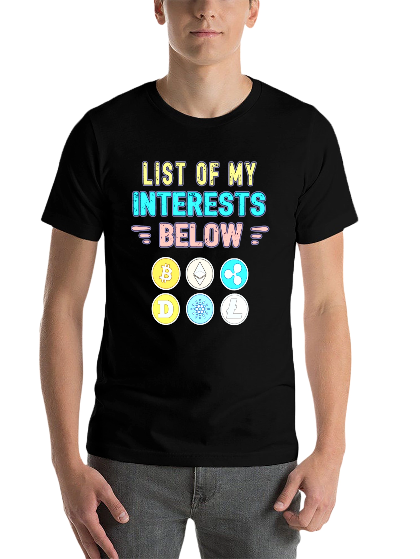 Crypto Interests T-Shirt Bitcoin Ethereum Cardano Litecoin