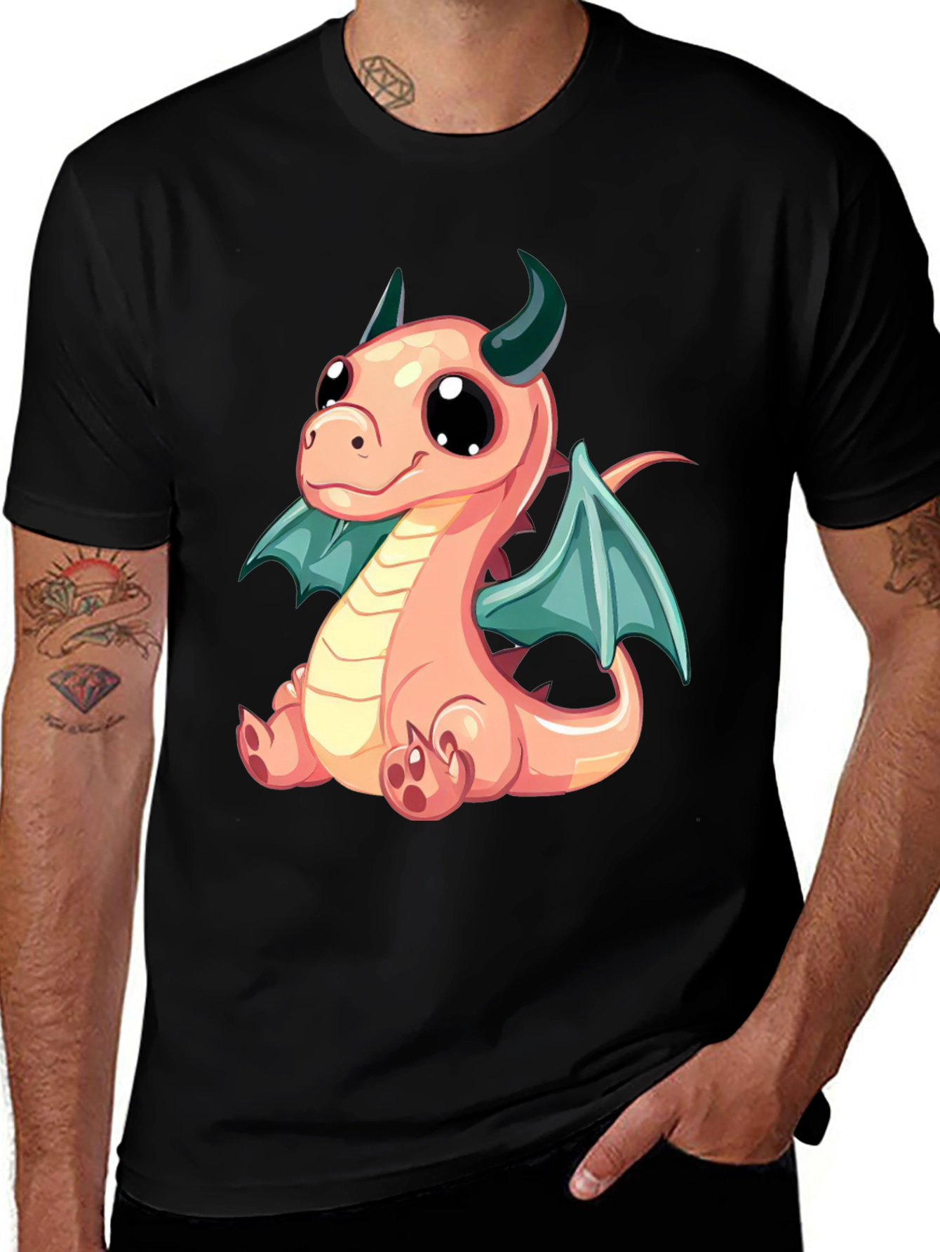 Cute Cartoon Dragon Graphic Tee - Black